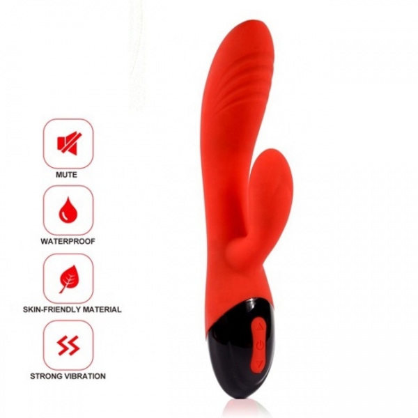 Влагозащищенный вибратор красного цвета с клиторальной стимуляцией ROSYLAND