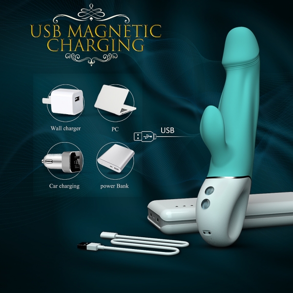 Вибратор Rabbit Blaine, 9 режимов вибрации, силикон, USB, бирюзовый, 22,7 см, Mokko Toys