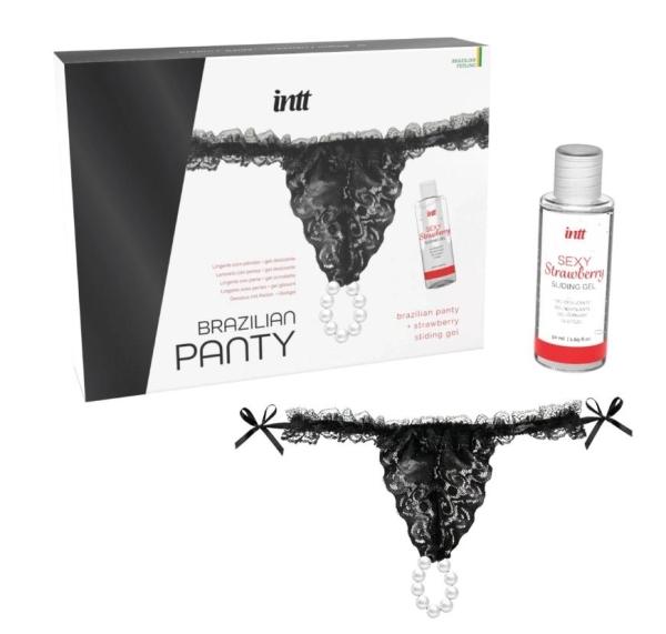 Комплект бикини из черного кружева с жемчугом и лубрикантом со вкусом клубники 50 мл